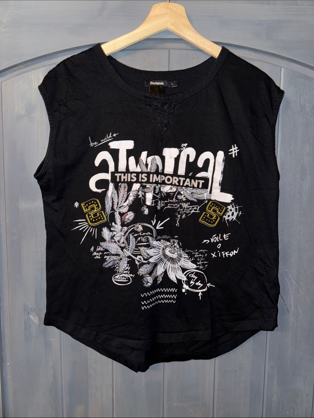 UNIQUE Desigual Black Graphic Tattoo Style Tank Top with White & Gold Print